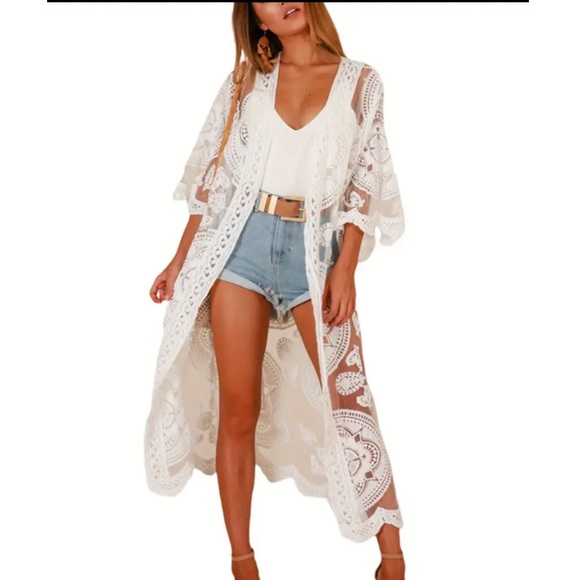 Tops - NEW! White Boho Lace Embroidered Kimono